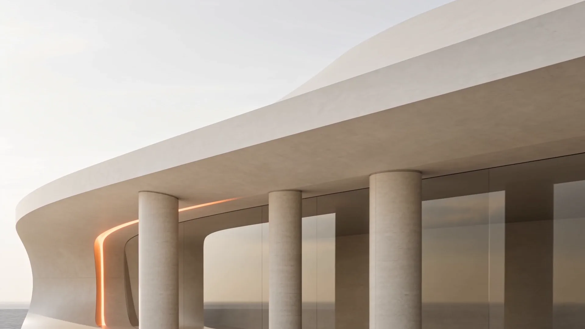 Pale sandstone arcs and smoked glass in bright daylight, a narrow plane of orange light drifting across the stone.