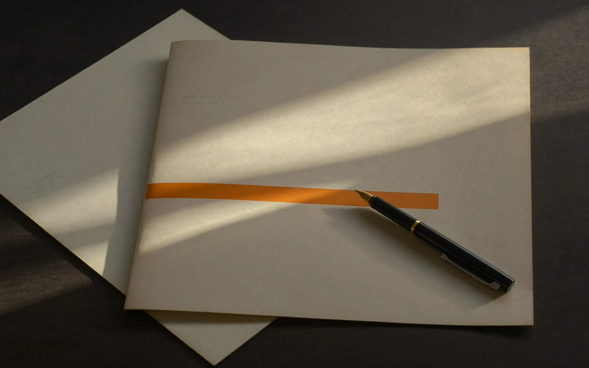 Layered cream archival paper with a fountain pen resting on an orange printed band, raking daylight across the sheets.