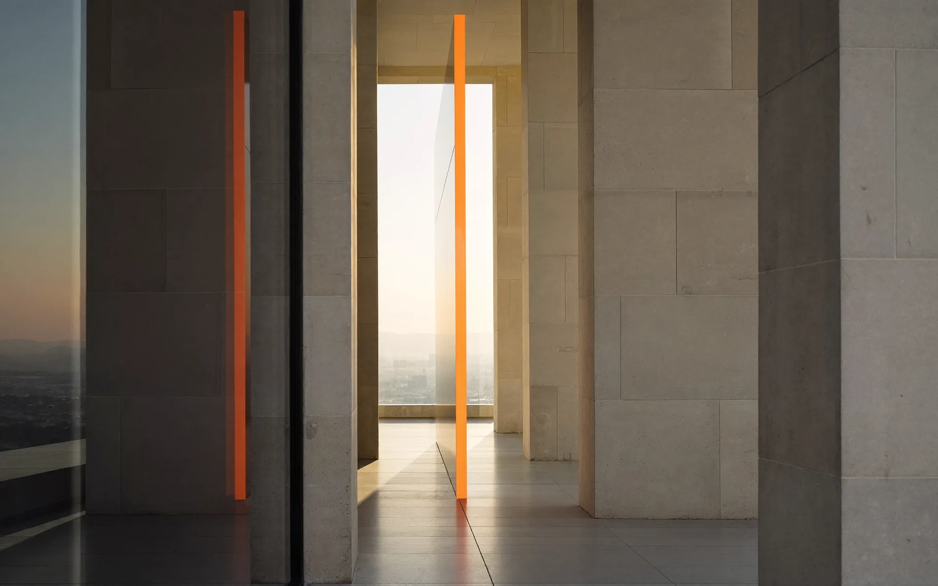 Pale sandstone colonnade opening onto bright dawn light, a narrow vertical plane of orange light at the threshold.