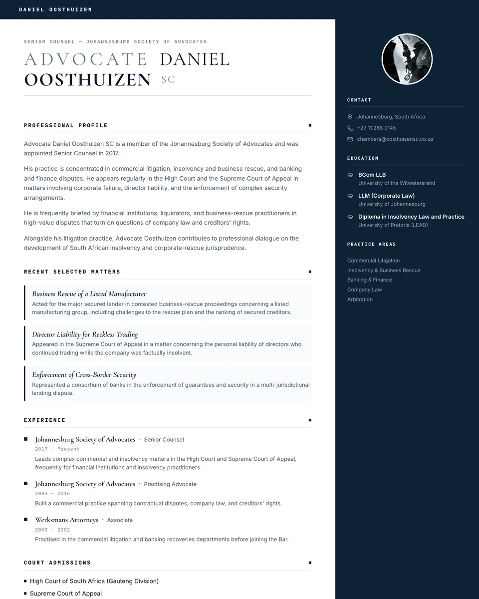 The Brief template: a navy sidebar beside a classical case-brief profile layout.