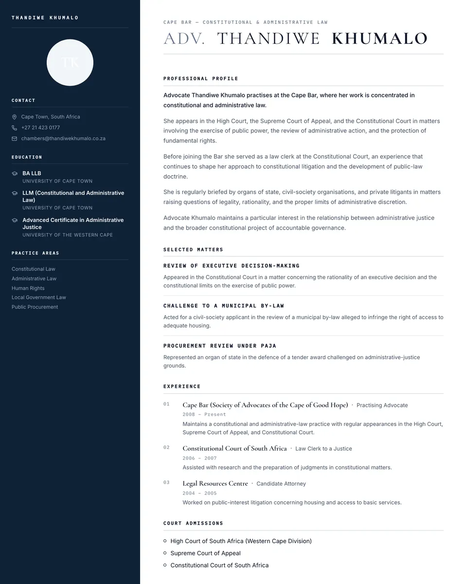 The Charter template: a serif-led profile with a formal chartered layout.