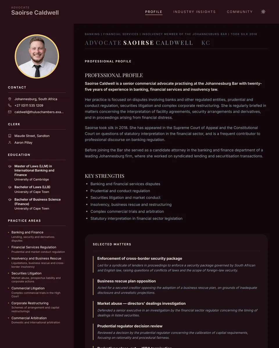 The Counsel template: an editorial profile with an insights section.