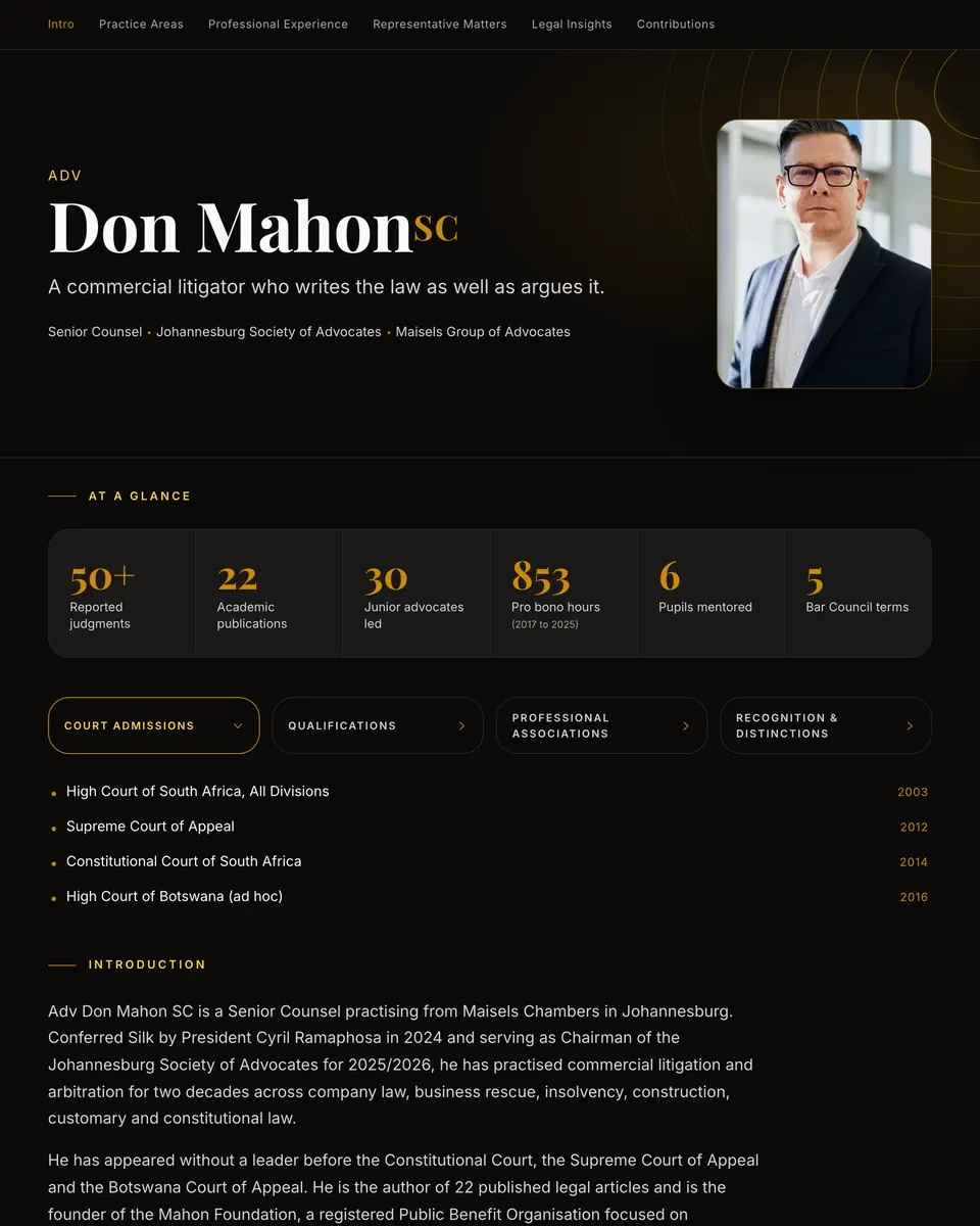 The Don template: a dark, gold-accented editorial portfolio with anchored navigation.